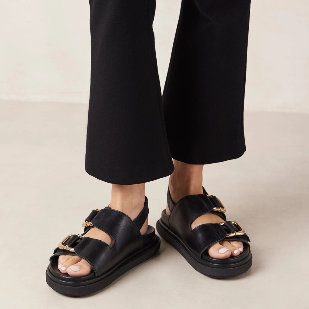 Alohas Harper Black Leather Sandals Slingback Gold Hardware Platform Flats
